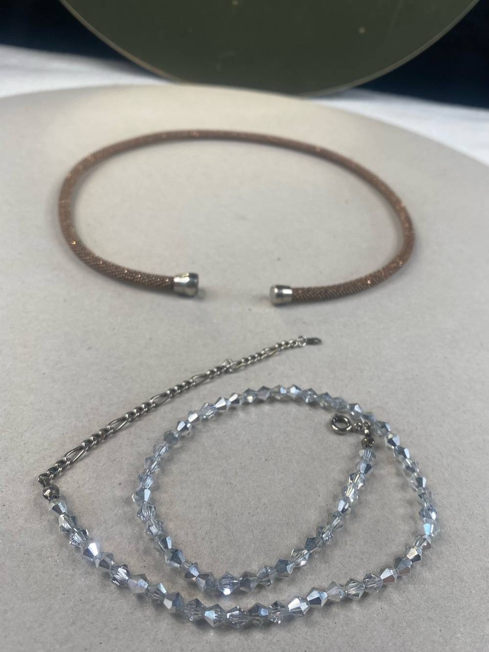 Delicate Silver Crystal Beaded Necklace and Rose Gold Mesh Choker Set